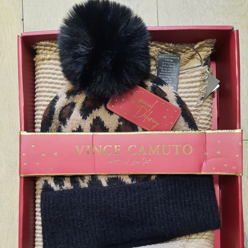 Vince Camuto Brown and Black Leopard Print Hat And Scarf Set